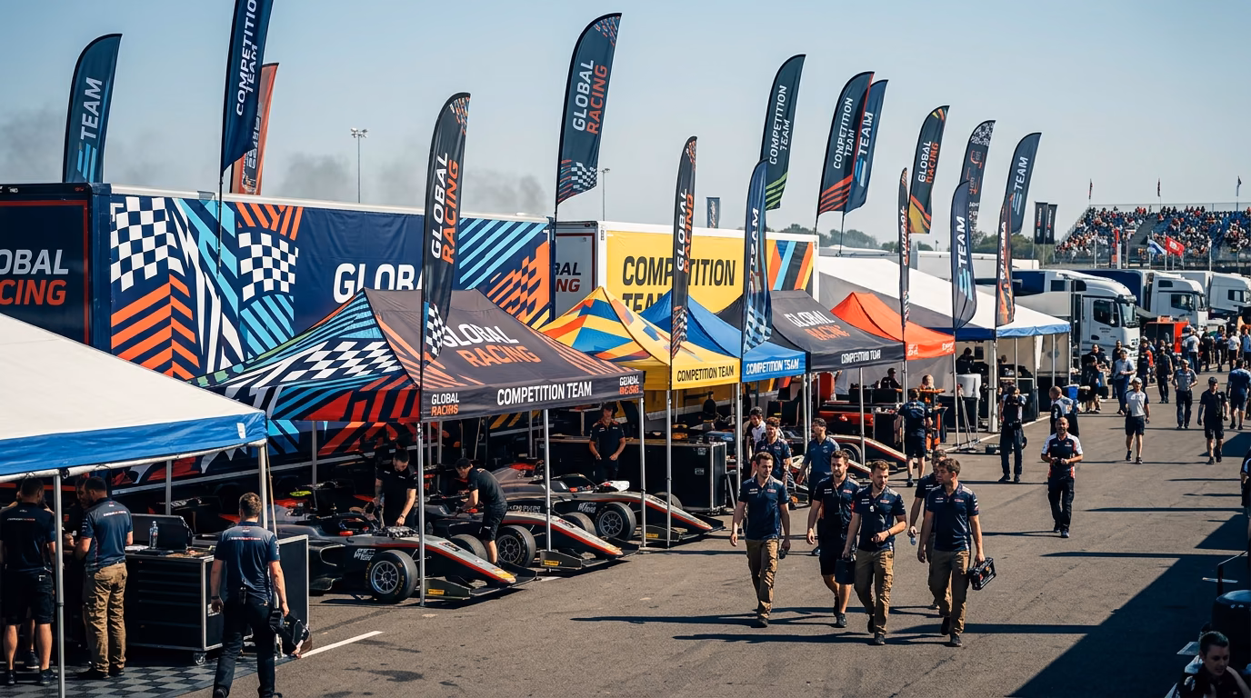 Paddock de motorsport con banderas, lonas patrocinadores y carpa hospitality — análisis sectorial 2026