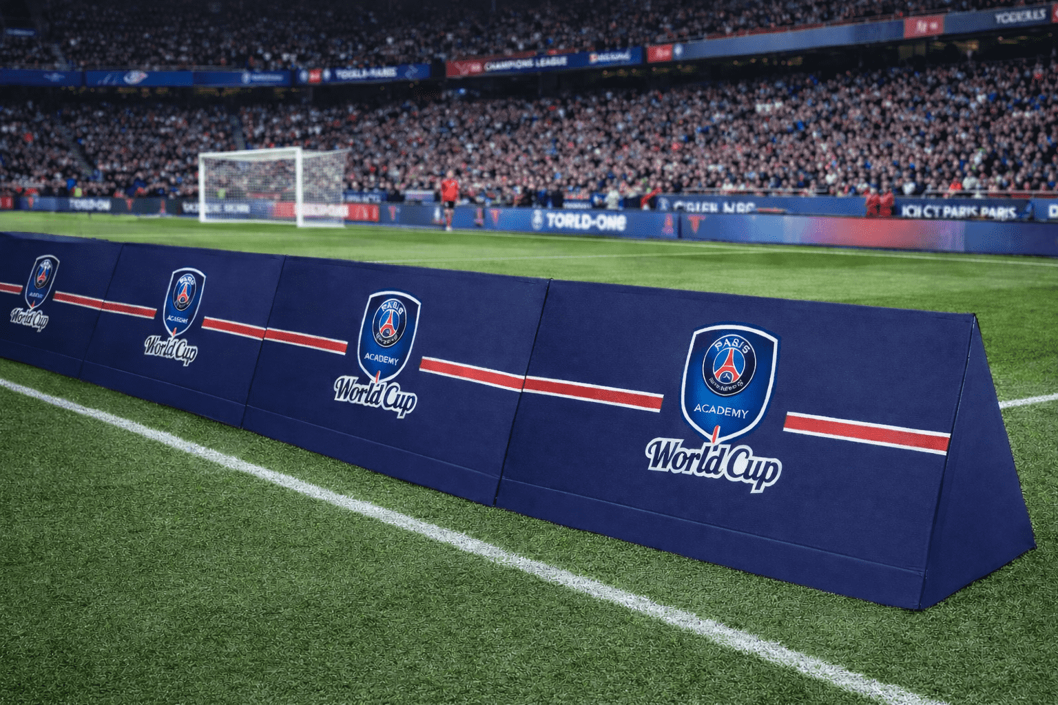 Paneles publicitarios Tobler-One instalados en estadio profesional con logos sponsors alta visibilidad - Nakara